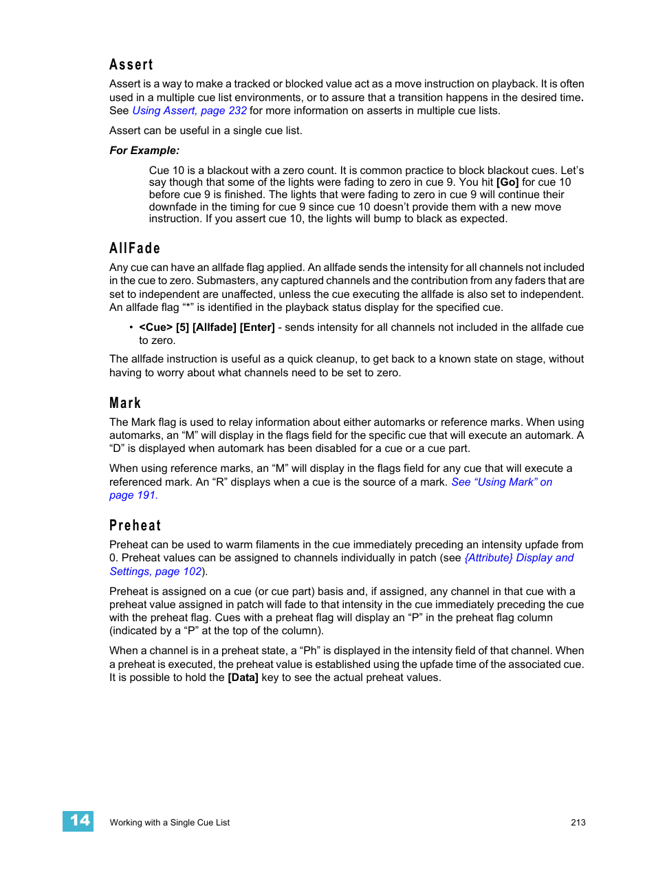 Assert, Allfade, Mark | Preheat, Assert allfade mark preheat | ETC Eos Titanium, Eos, and Gio v2.0.0 User Manual | Page 231 / 476