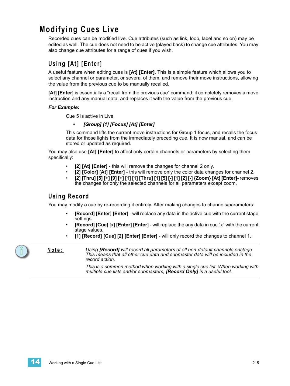 Modifying cues live, Using [at] [enter, Using record | Using [at] [enter] using record | ETC Eos Titanium, Eos, and Gio v2.0.0 User Manual | Page 233 / 476