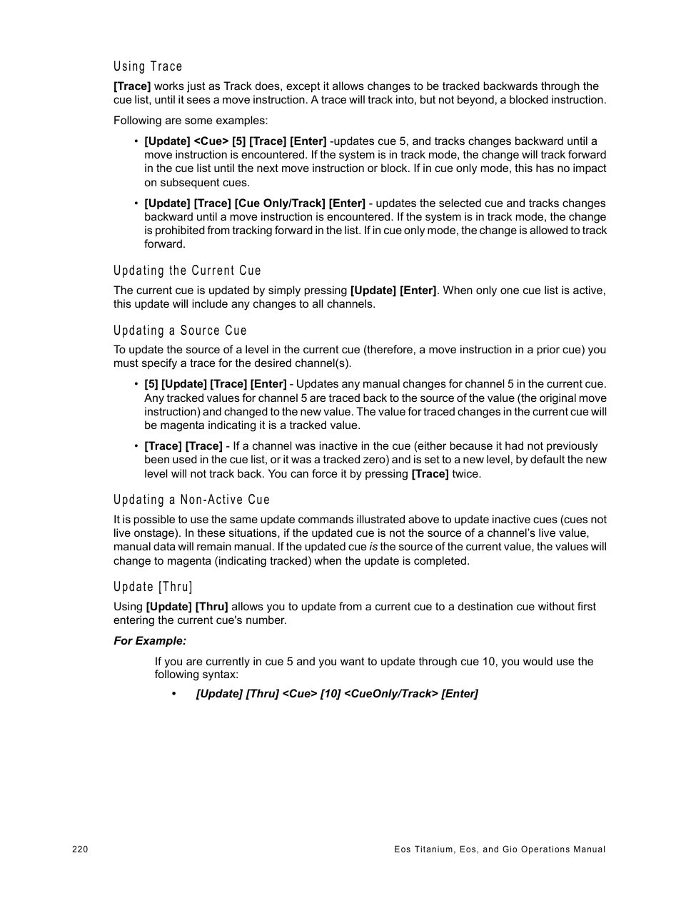 Using trace, Updating the current cue, Updating a source cue | Updating a non-active cue, Update [thru | ETC Eos Titanium, Eos, and Gio v2.0.0 User Manual | Page 238 / 476