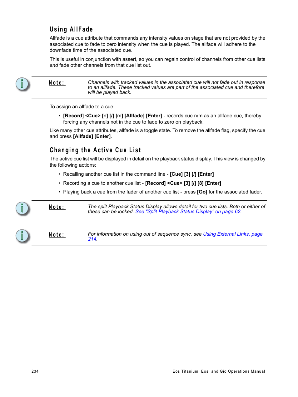 Using allfade, Changing the active cue list, Using allfade changing the active cue list | ETC Eos Titanium, Eos, and Gio v2.0.0 User Manual | Page 252 / 476