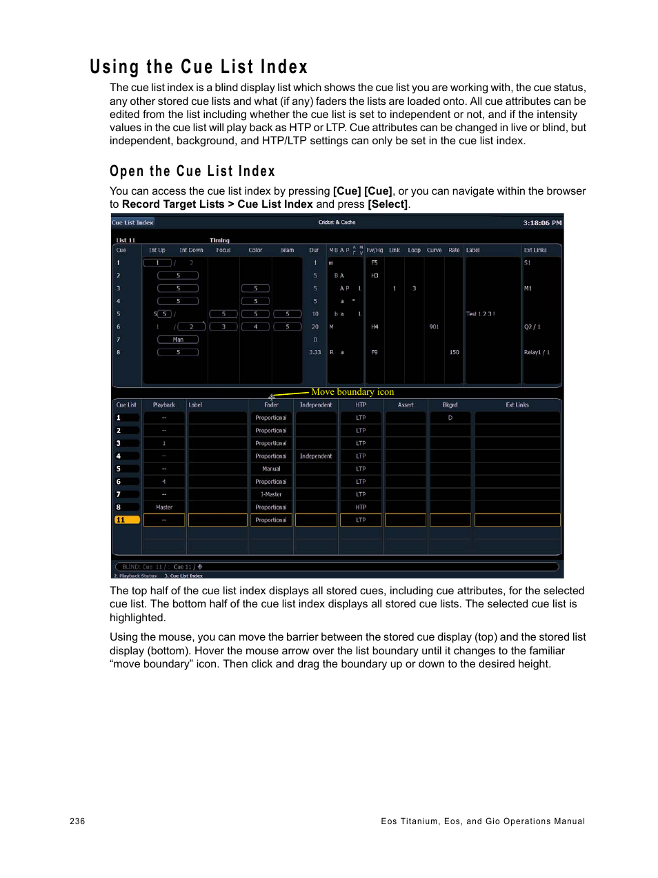 Using the cue list index, Open the cue list index | ETC Eos Titanium, Eos, and Gio v2.0.0 User Manual | Page 254 / 476