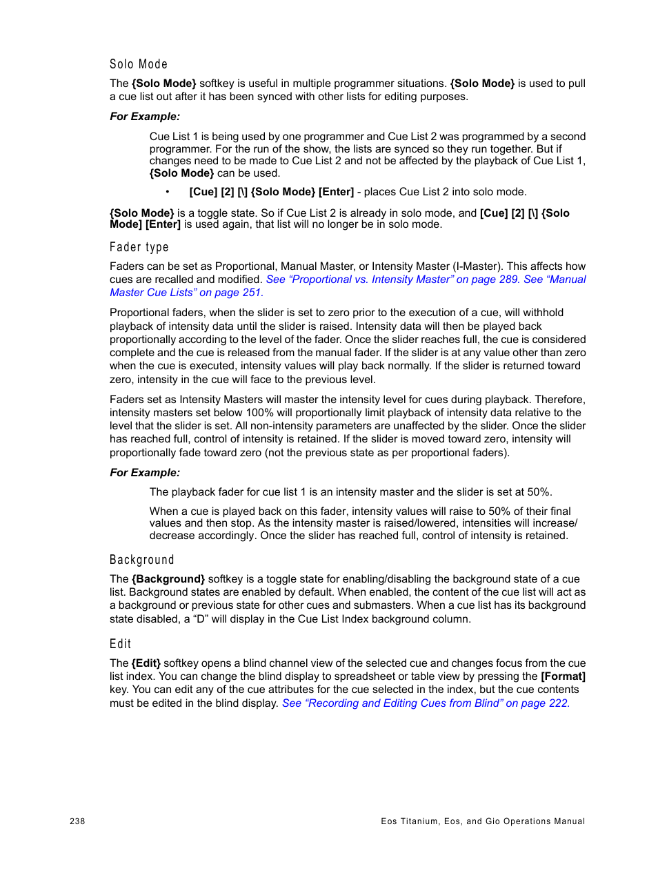 Solo mode, Fader type, Background | Edit | ETC Eos Titanium, Eos, and Gio v2.0.0 User Manual | Page 256 / 476