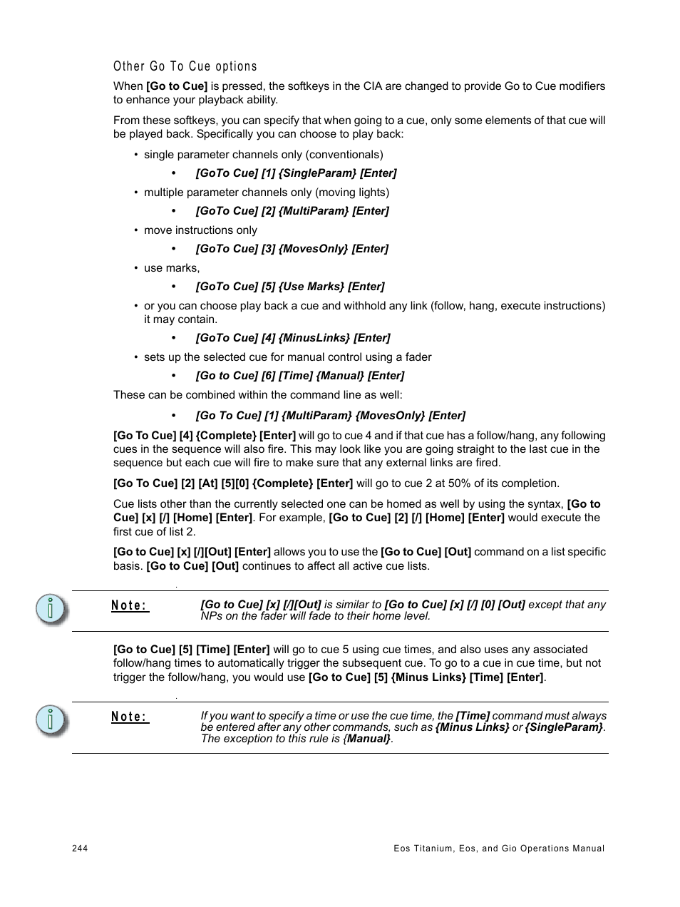 Other go to cue options, N o t e | ETC Eos Titanium, Eos, and Gio v2.0.0 User Manual | Page 262 / 476