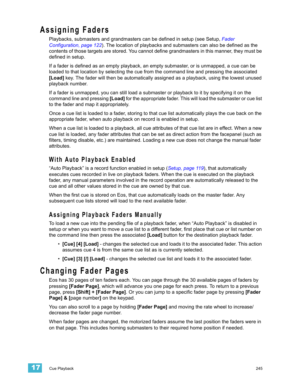 Assigning faders, With auto playback enabled, Assigning playback faders manually | Changing fader pages | ETC Eos Titanium, Eos, and Gio v2.0.0 User Manual | Page 263 / 476