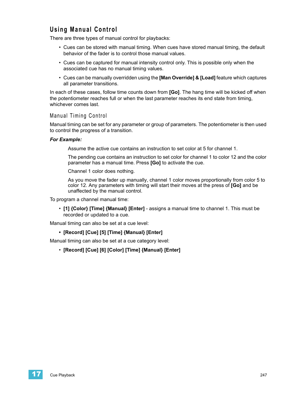 Using manual control, Manual timing control | ETC Eos Titanium, Eos, and Gio v2.0.0 User Manual | Page 265 / 476