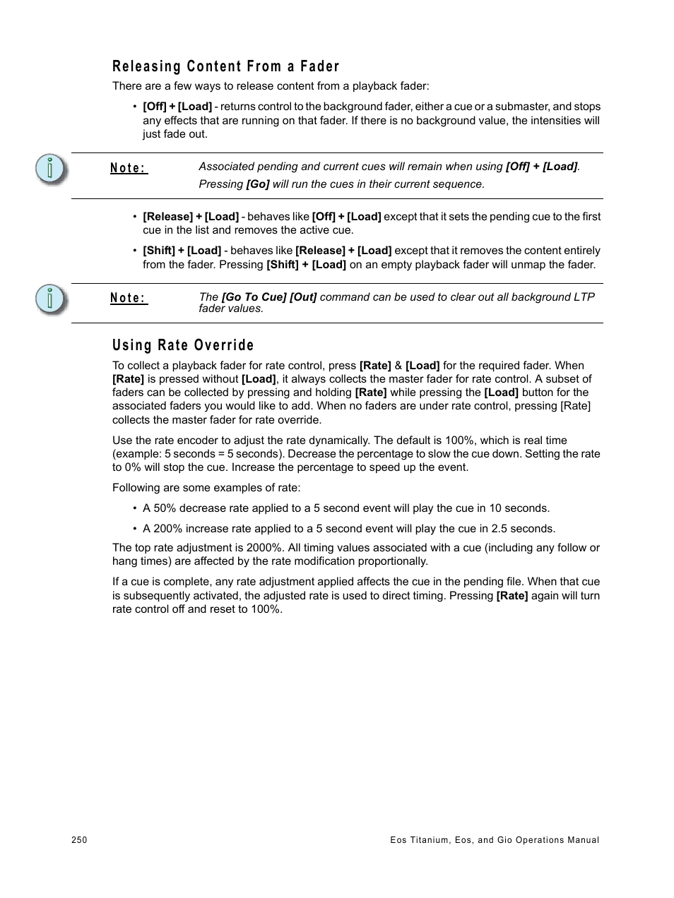 Releasing content from a fader, Using rate override, Releasing content from a fader using rate override | ETC Eos Titanium, Eos, and Gio v2.0.0 User Manual | Page 268 / 476