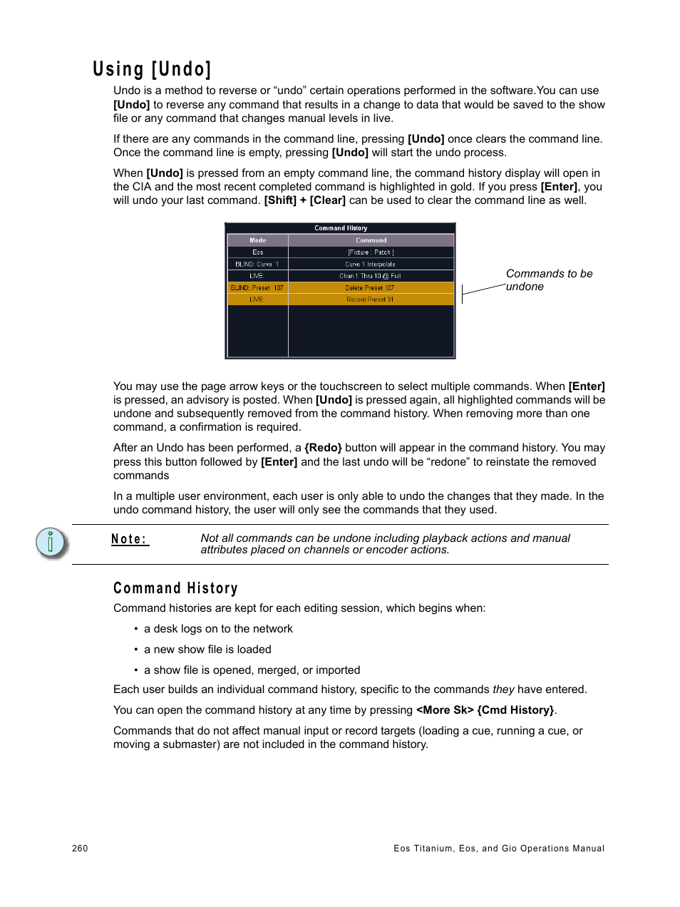 Using [undo, Command history | ETC Eos Titanium, Eos, and Gio v2.0.0 User Manual | Page 278 / 476