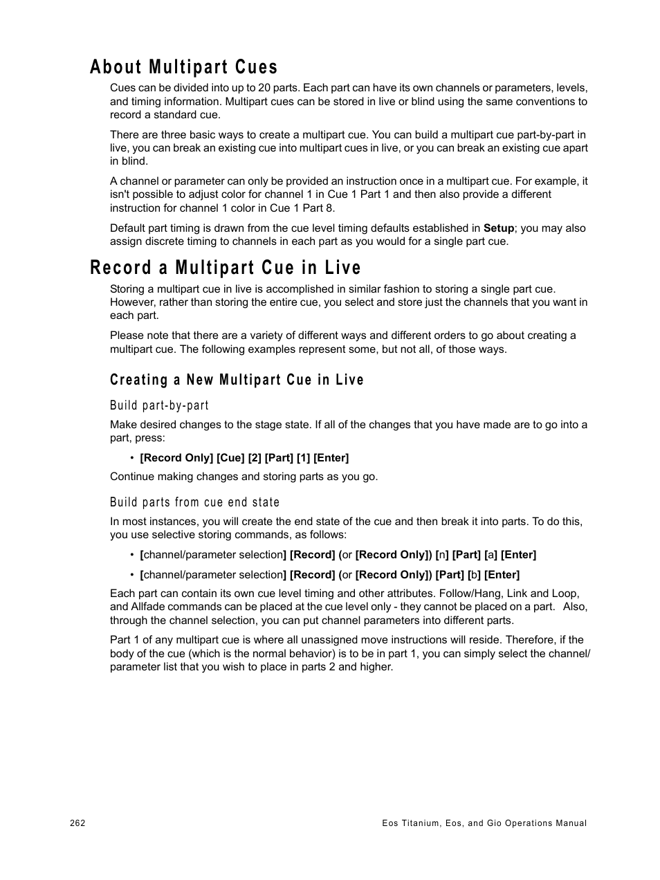 About multipart cues, Record a multipart cue in live, Creating a new multipart cue in live | ETC Eos Titanium, Eos, and Gio v2.0.0 User Manual | Page 280 / 476