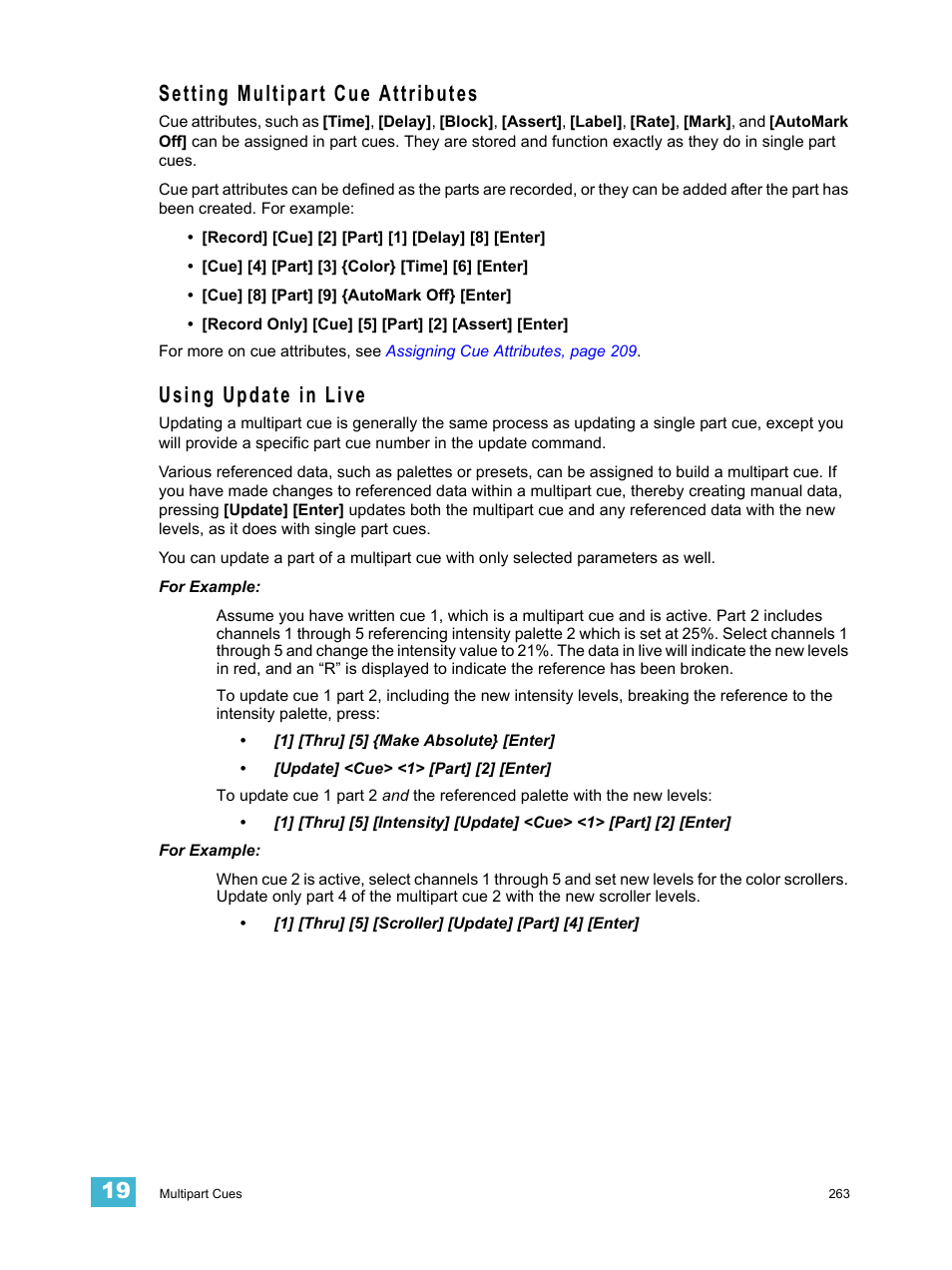 Setting multipart cue attributes, Using update in live | ETC Eos Titanium, Eos, and Gio v2.0.0 User Manual | Page 281 / 476