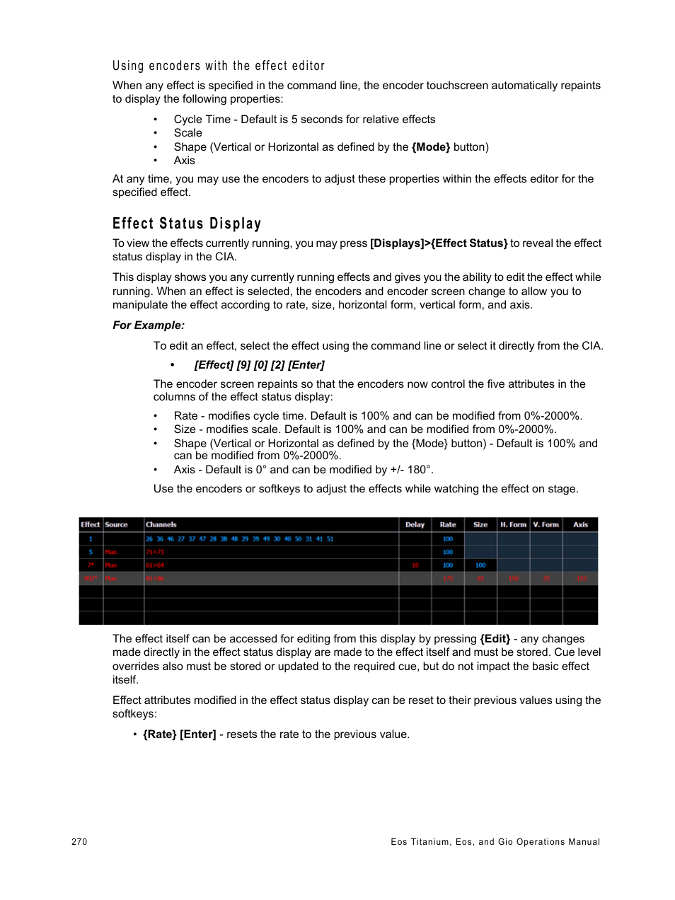 Effect status display, Using encoders with the effect editor | ETC Eos Titanium, Eos, and Gio v2.0.0 User Manual | Page 288 / 476