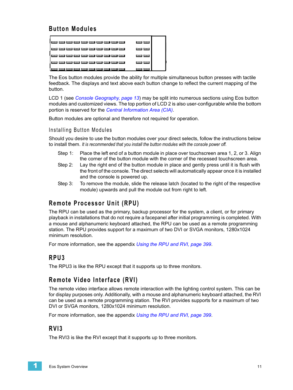 Button modules, Remote processor unit (rpu), Rpu3 | Remote video interface (rvi), Rvi3 | ETC Eos Titanium, Eos, and Gio v2.0.0 User Manual | Page 29 / 476