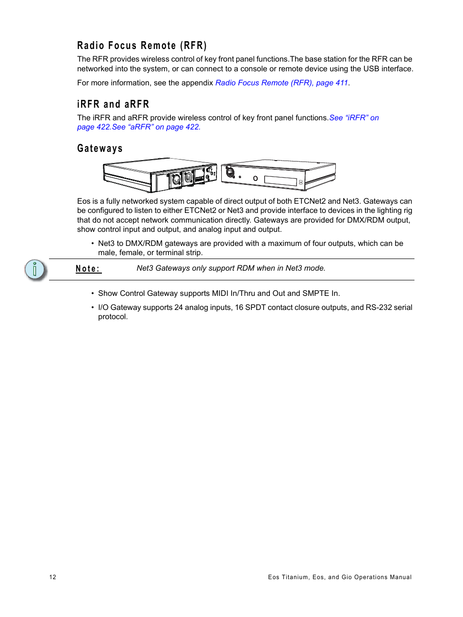 Radio focus remote (rfr), Irfr and arfr, Gateways | Radio focus remote (rfr) irfr and arfr gateways | ETC Eos Titanium, Eos, and Gio v2.0.0 User Manual | Page 30 / 476