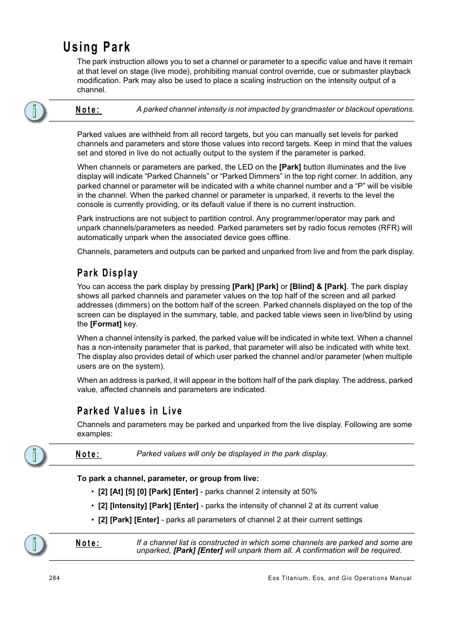 Using park, Park display, Parked values in live | Park display parked values in live | ETC Eos Titanium, Eos, and Gio v2.0.0 User Manual | Page 302 / 476