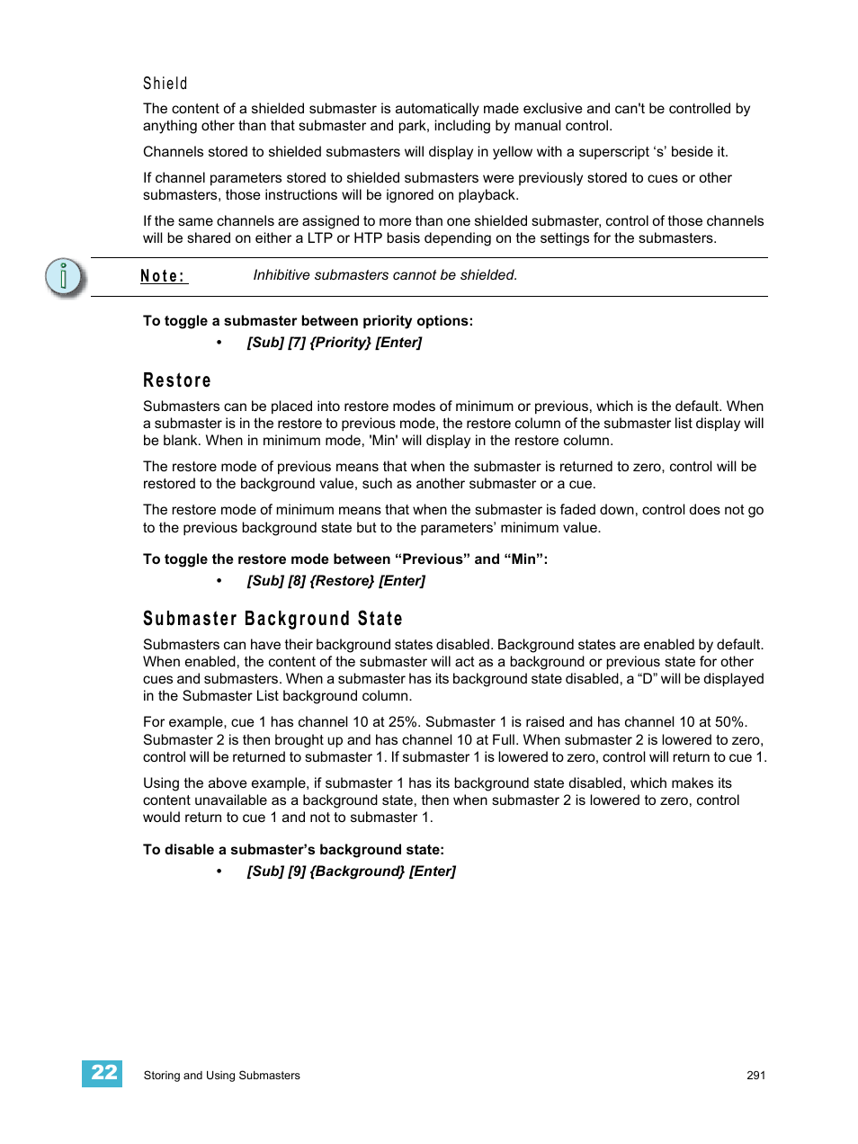 Restore, Submaster background state, Restore submaster background state | ETC Eos Titanium, Eos, and Gio v2.0.0 User Manual | Page 309 / 476