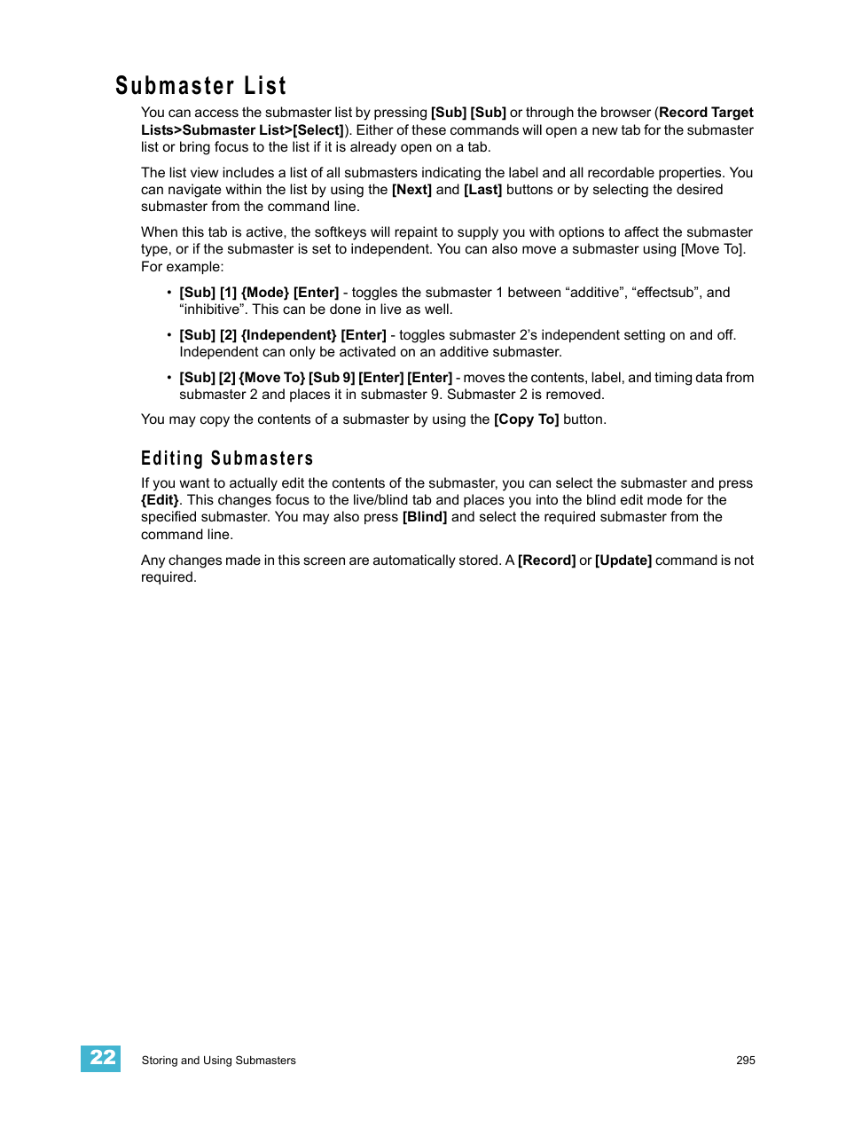 Submaster list, Editing submasters | ETC Eos Titanium, Eos, and Gio v2.0.0 User Manual | Page 313 / 476