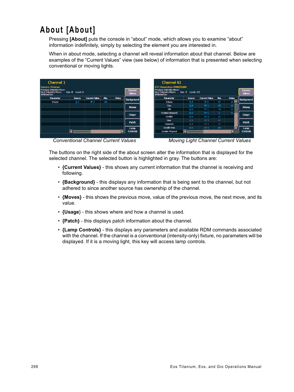 About [about | ETC Eos Titanium, Eos, and Gio v2.0.0 User Manual | Page 316 / 476