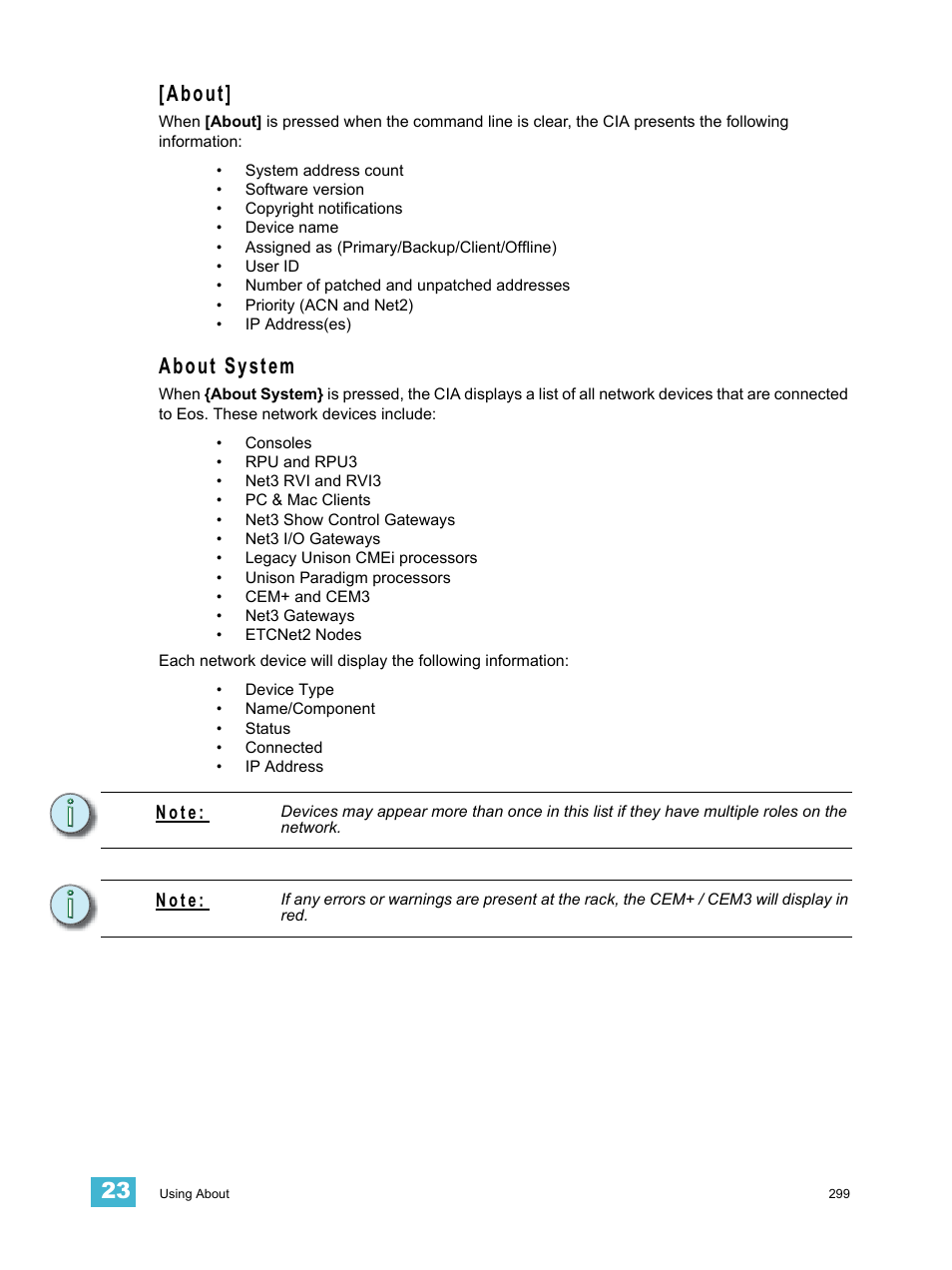 About, About system, About] about system | N o t e | ETC Eos Titanium, Eos, and Gio v2.0.0 User Manual | Page 317 / 476