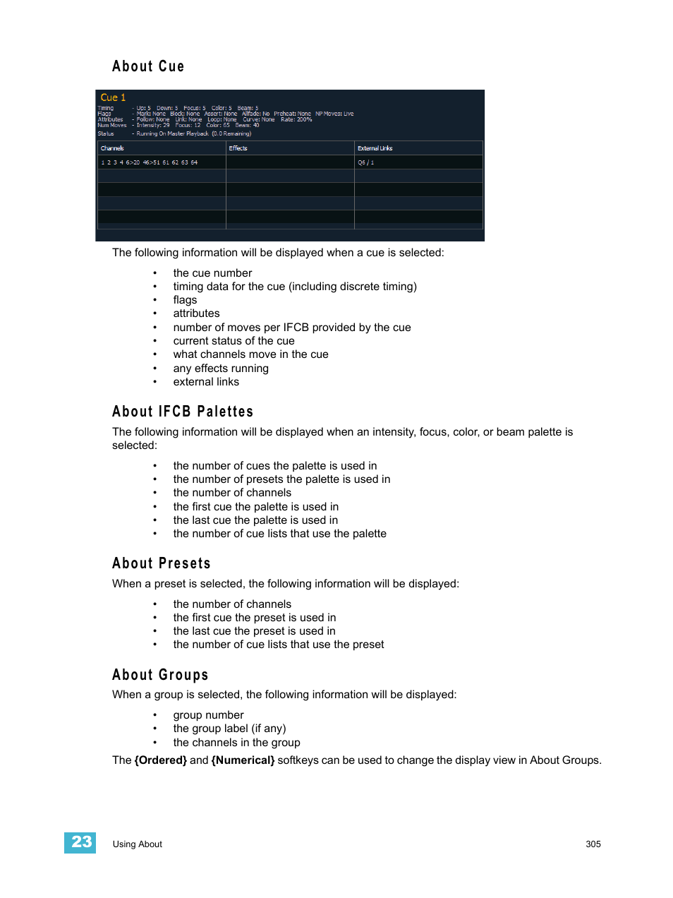 About cue, About ifcb palettes, About presets | About groups | ETC Eos Titanium, Eos, and Gio v2.0.0 User Manual | Page 323 / 476