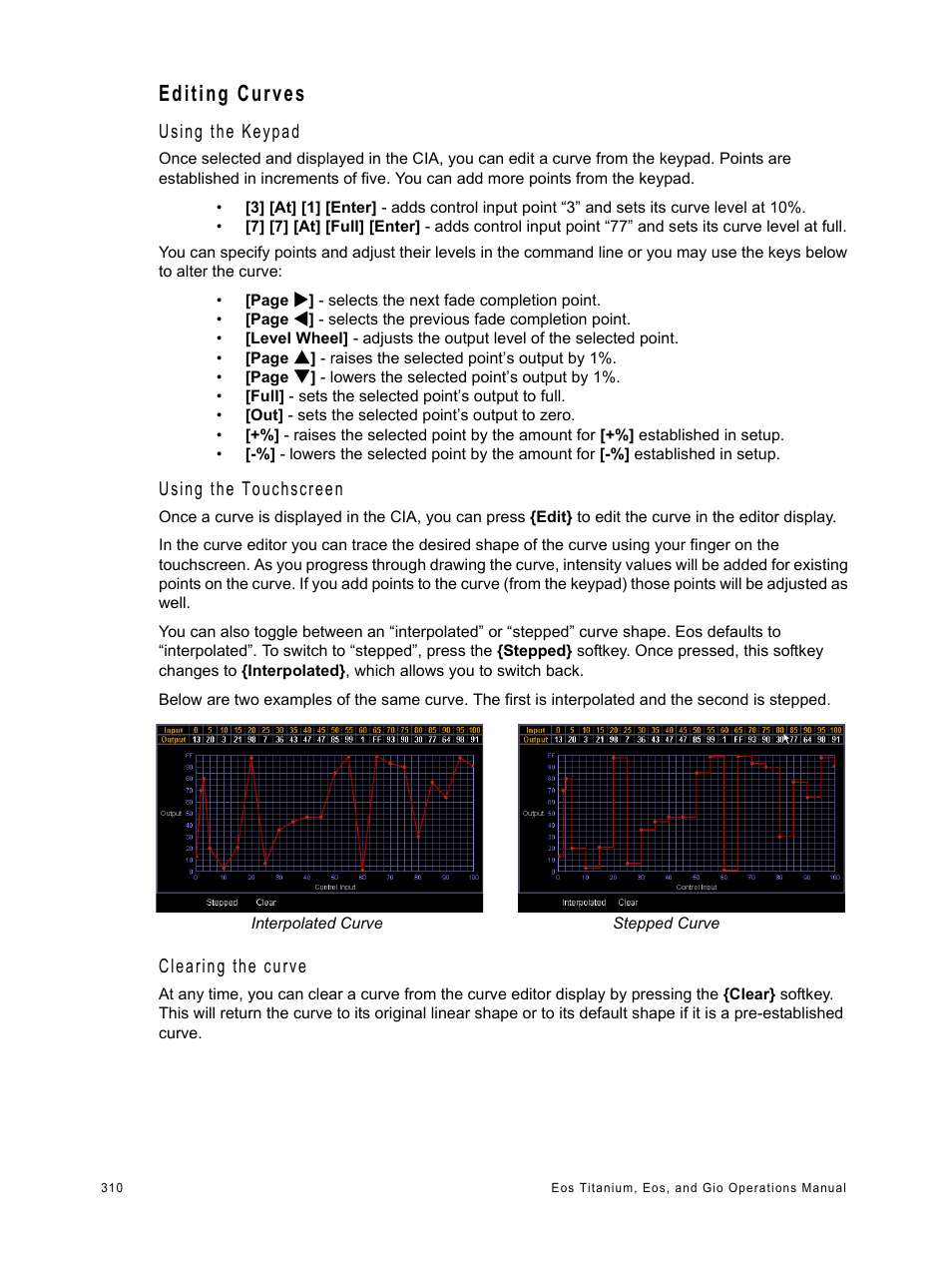 Editing curves, Using the keypad, Using the touchscreen | Clearing the curve | ETC Eos Titanium, Eos, and Gio v2.0.0 User Manual | Page 328 / 476