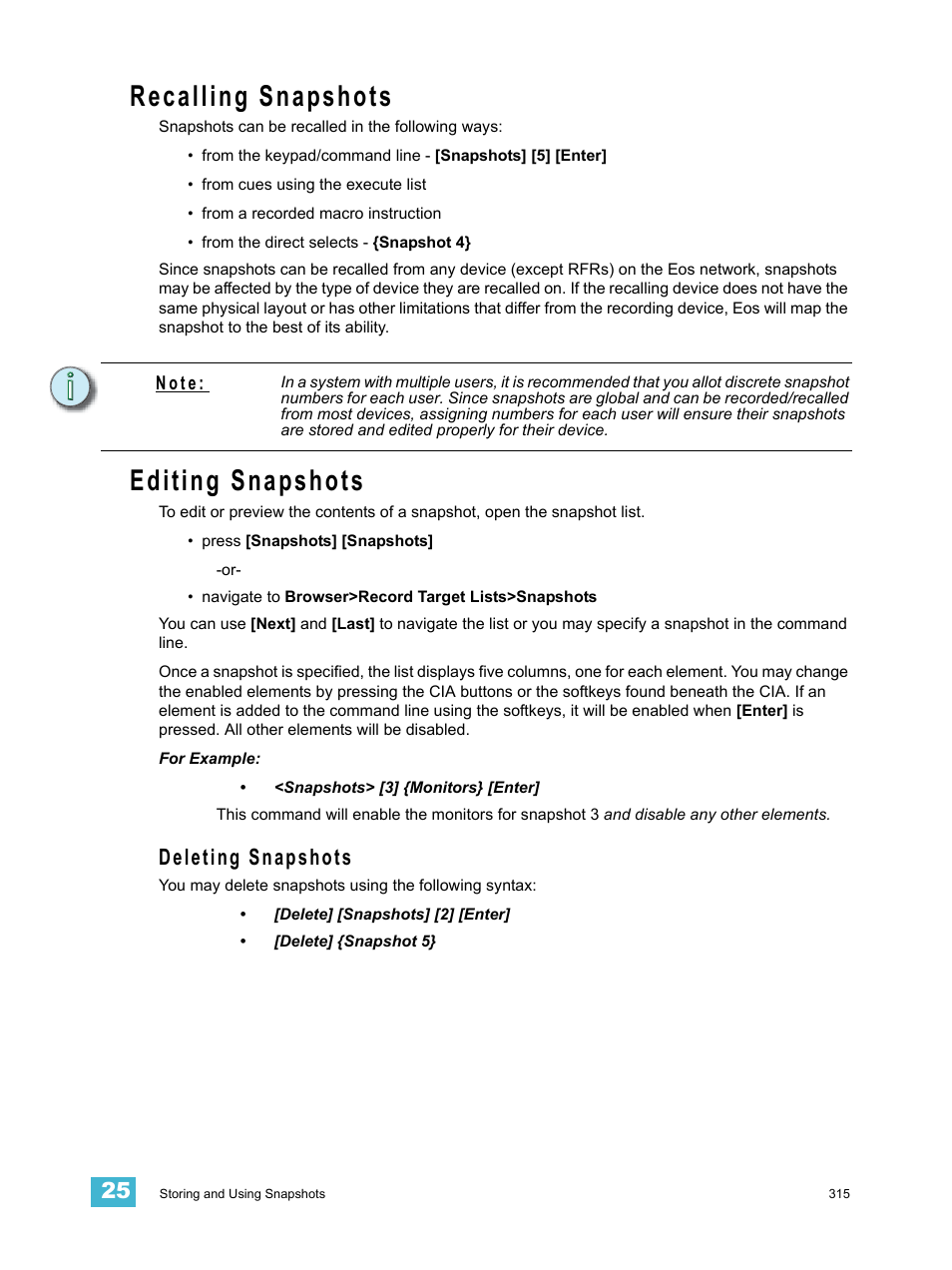 Recalling snapshots, Editing snapshots, Deleting snapshots | ETC Eos Titanium, Eos, and Gio v2.0.0 User Manual | Page 333 / 476