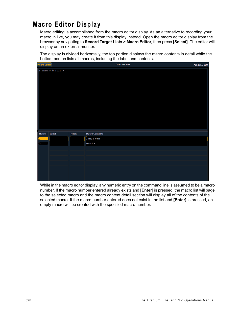 Macro editor display | ETC Eos Titanium, Eos, and Gio v2.0.0 User Manual | Page 338 / 476