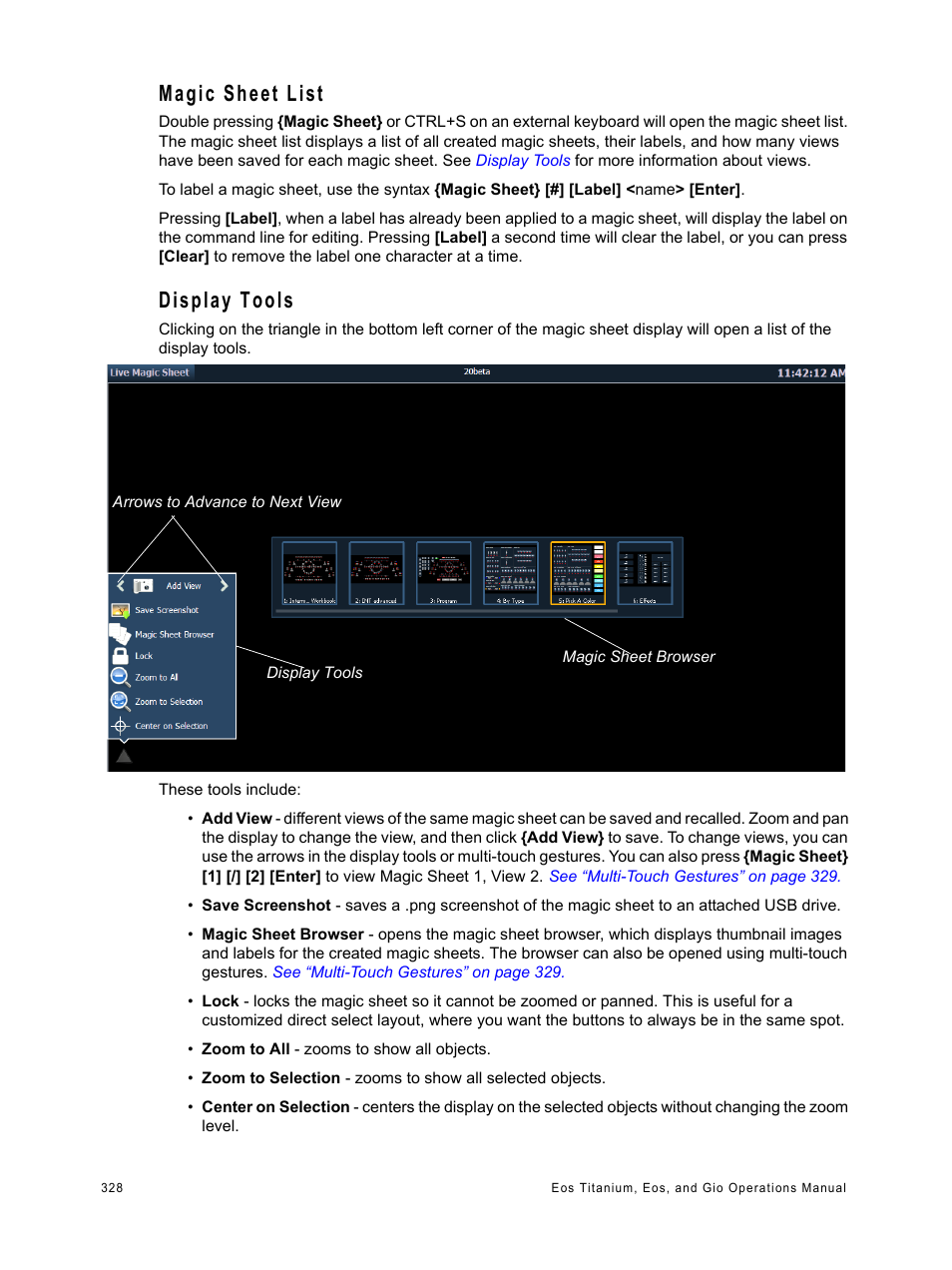 Magic sheet list, Display tools, Magic sheet list display tools | ETC Eos Titanium, Eos, and Gio v2.0.0 User Manual | Page 346 / 476