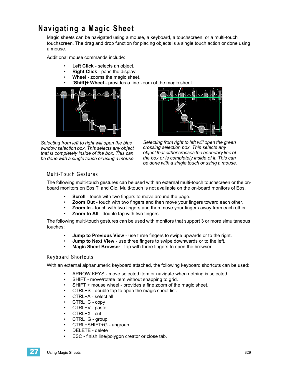 Navigating a magic sheet, Multi-touch gestures, Keyboard shortcuts | ETC Eos Titanium, Eos, and Gio v2.0.0 User Manual | Page 347 / 476