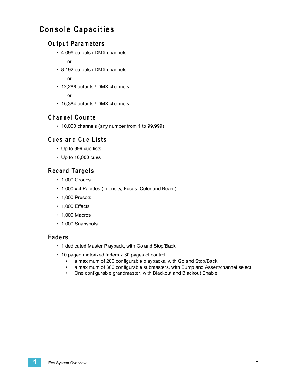 Console capacities, Output parameters, Channel counts | Cues and cue lists, Record targets, Faders | ETC Eos Titanium, Eos, and Gio v2.0.0 User Manual | Page 35 / 476