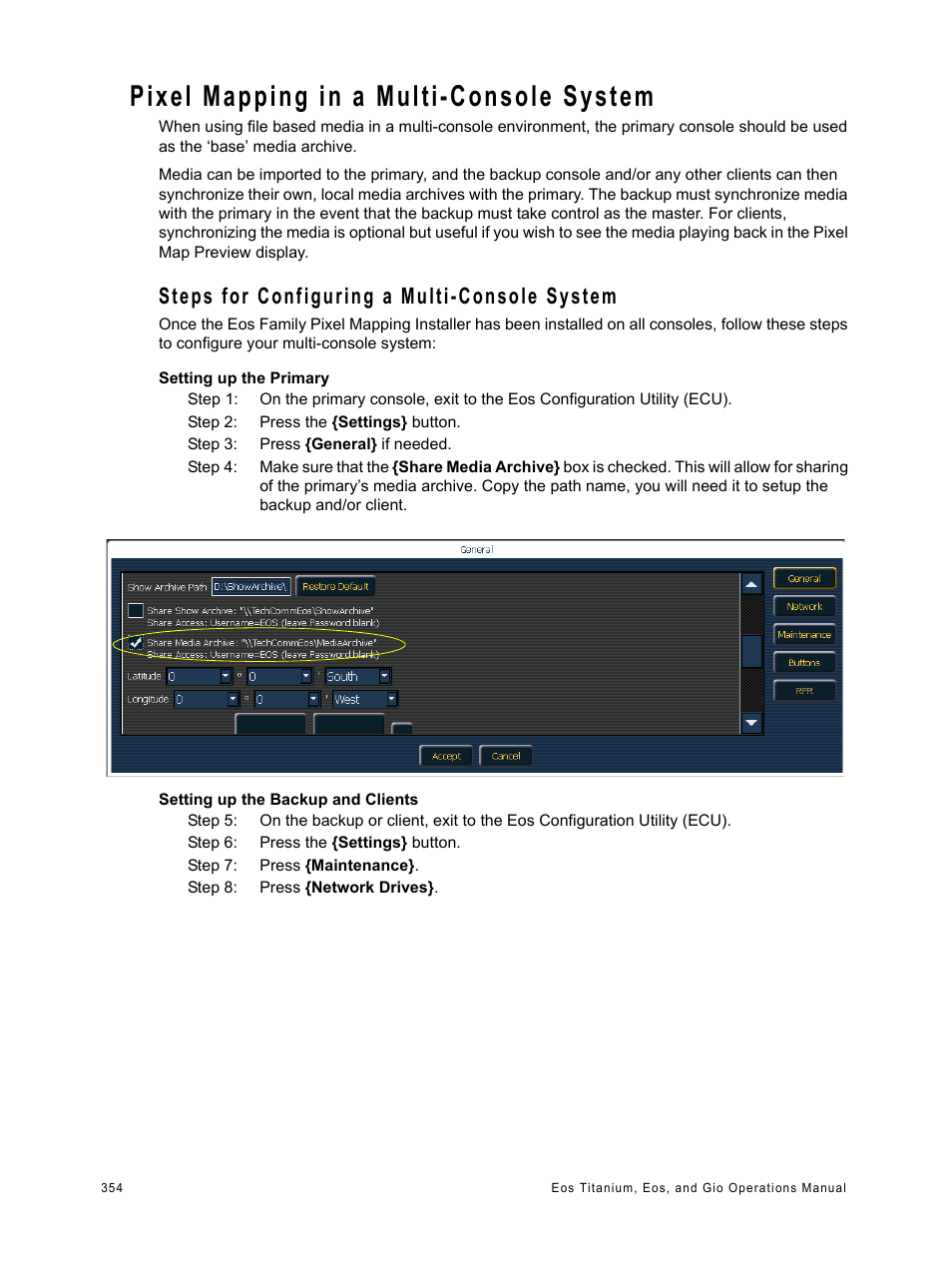 Pixel mapping in a multi-console system, Steps for configuring a multi-console system | ETC Eos Titanium, Eos, and Gio v2.0.0 User Manual | Page 372 / 476