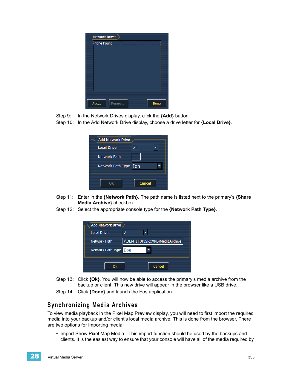 Synchronizing media archives | ETC Eos Titanium, Eos, and Gio v2.0.0 User Manual | Page 373 / 476