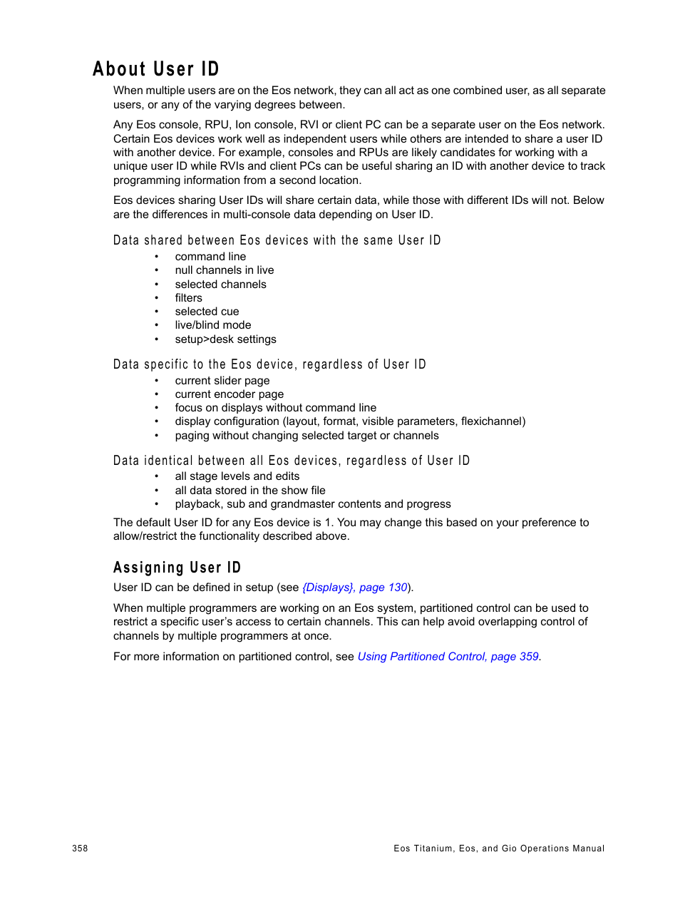 About user id, Assigning user id | ETC Eos Titanium, Eos, and Gio v2.0.0 User Manual | Page 376 / 476