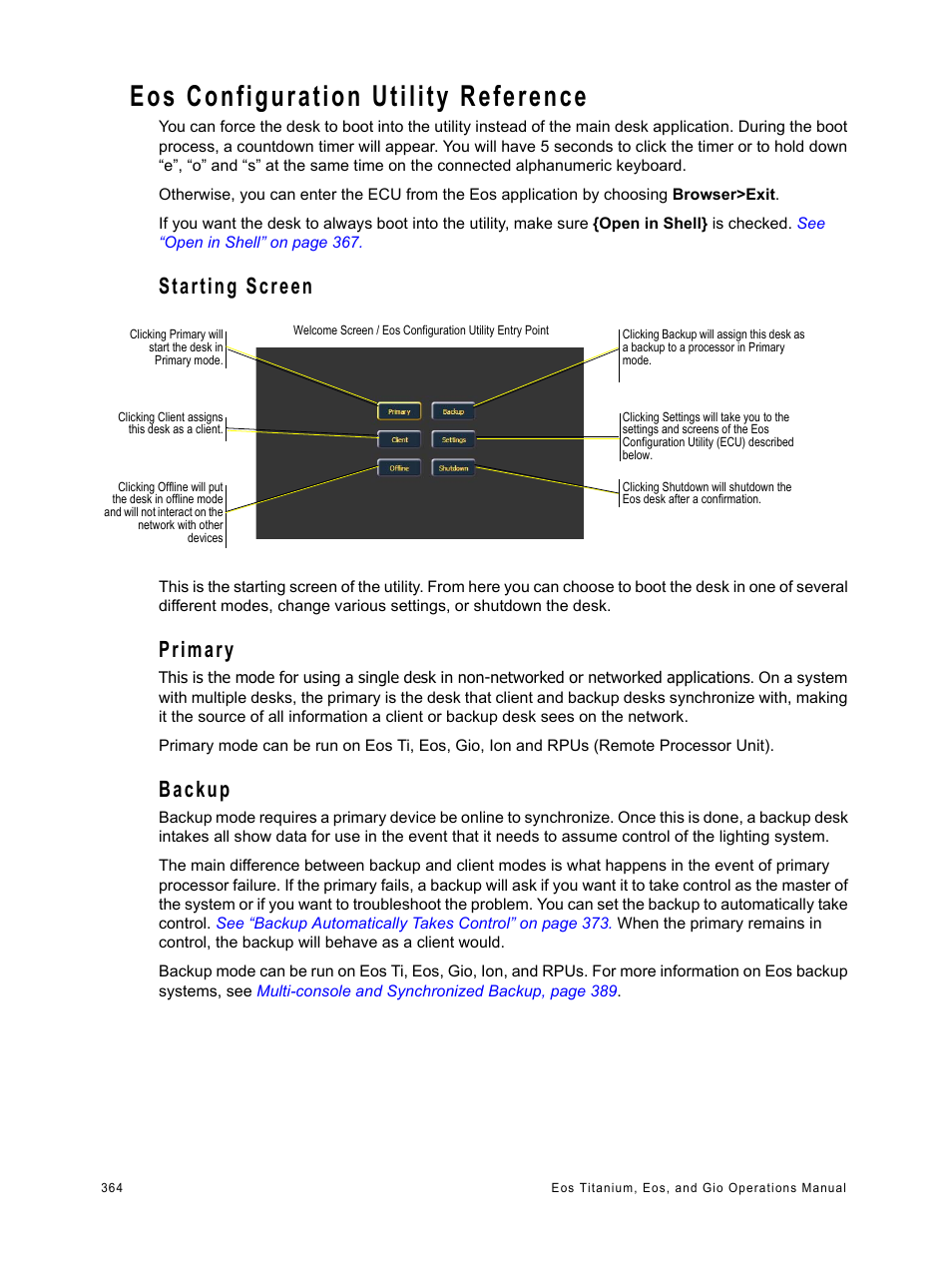 Eos configuration utility reference, Starting screen, Primary | Backup | ETC Eos Titanium, Eos, and Gio v2.0.0 User Manual | Page 382 / 476