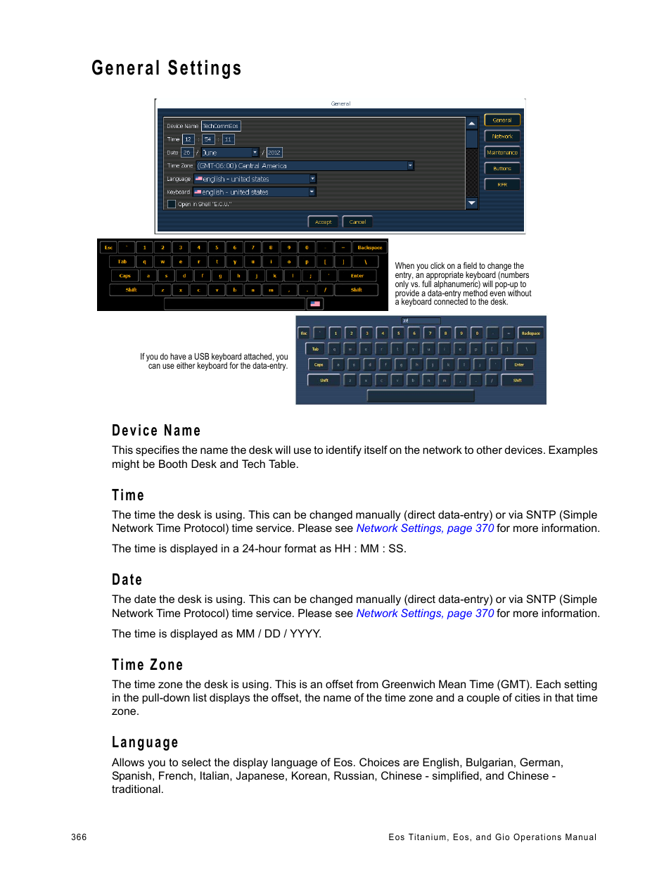 General settings, Device name, Time | Date, Time zone, Language | ETC Eos Titanium, Eos, and Gio v2.0.0 User Manual | Page 384 / 476