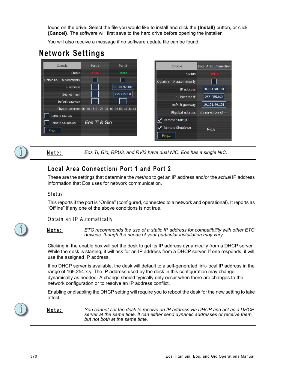 Network settings, Local area connection/ port 1 and port 2, See “local area connection/ port 1 and port 2” on | ETC Eos Titanium, Eos, and Gio v2.0.0 User Manual | Page 388 / 476