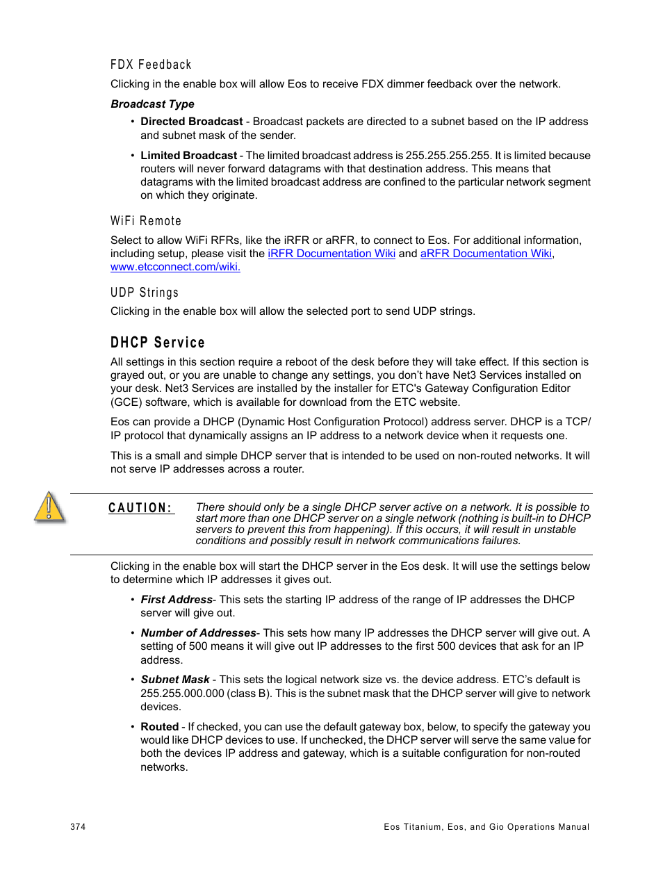 Dhcp service, Fdx feedback, Wifi remote | Udp strings | ETC Eos Titanium, Eos, and Gio v2.0.0 User Manual | Page 392 / 476