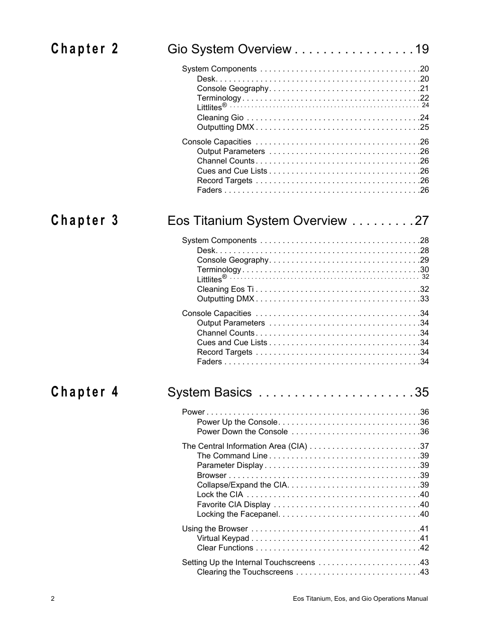 Gio system overview, Eos titanium system overview, System basics | ETC Eos Titanium, Eos, and Gio v2.0.0 User Manual | Page 4 / 476