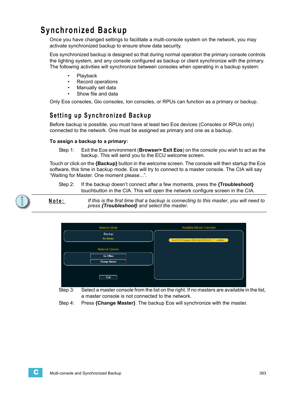 Synchronized backup, Setting up synchronized backup | ETC Eos Titanium, Eos, and Gio v2.0.0 User Manual | Page 411 / 476