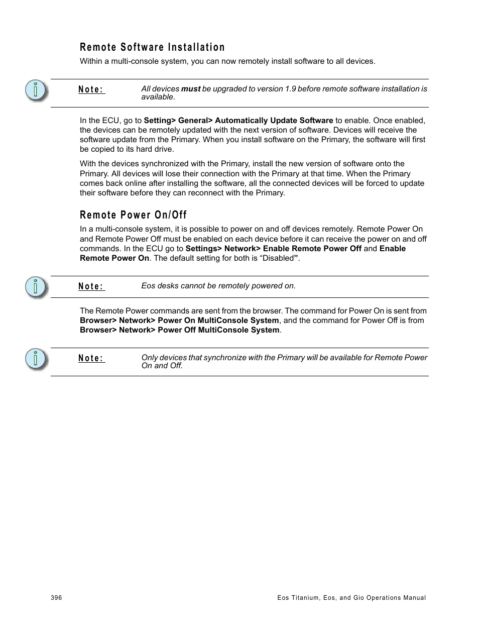 Remote software installation, Remote power on/off | ETC Eos Titanium, Eos, and Gio v2.0.0 User Manual | Page 414 / 476