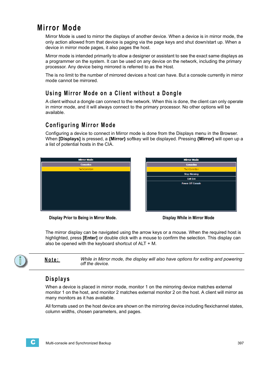 Mirror mode, Using mirror mode on a client without a dongle, Configuring mirror mode | Displays, See “mirror mode” on | ETC Eos Titanium, Eos, and Gio v2.0.0 User Manual | Page 415 / 476