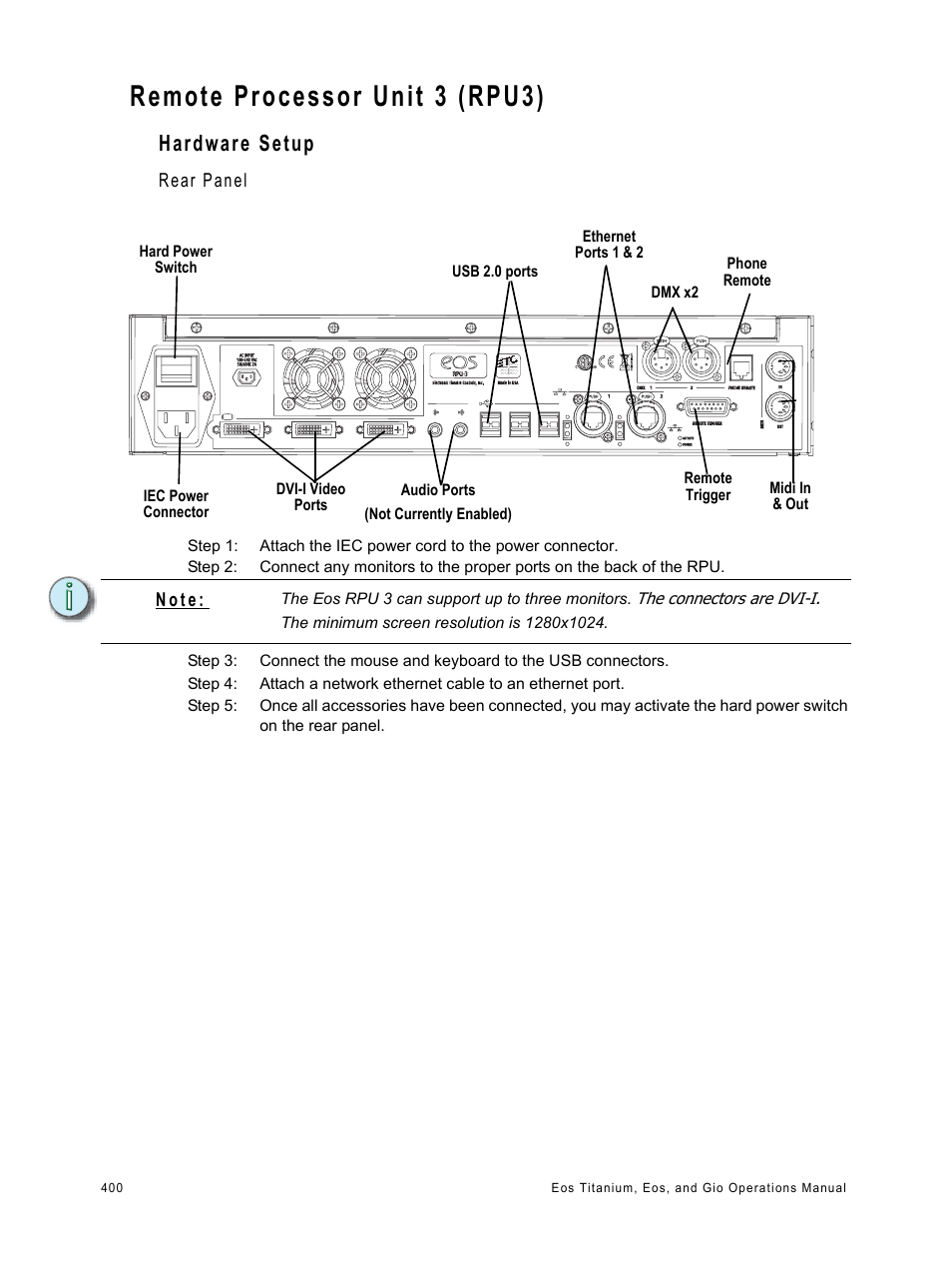 Remote processor unit 3 (rpu3), Hardware setup | ETC Eos Titanium, Eos, and Gio v2.0.0 User Manual | Page 418 / 476