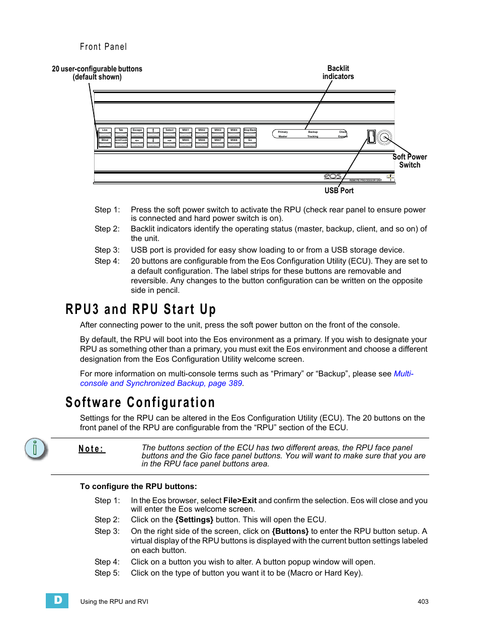 Rpu3 and rpu start up, Software configuration, Front panel | N o t e | ETC Eos Titanium, Eos, and Gio v2.0.0 User Manual | Page 421 / 476