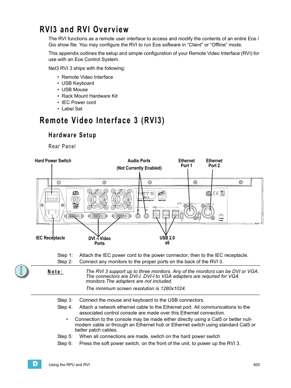 Rvi3 and rvi overview, Remote video interface 3 (rvi3), Hardware setup | ETC Eos Titanium, Eos, and Gio v2.0.0 User Manual | Page 423 / 476