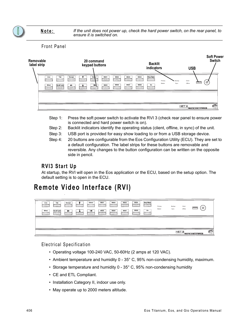 Rvi3 start up, Remote video interface (rvi), Remote video interface | Rvi), Front panel, Electrical specification, N o t e | ETC Eos Titanium, Eos, and Gio v2.0.0 User Manual | Page 424 / 476