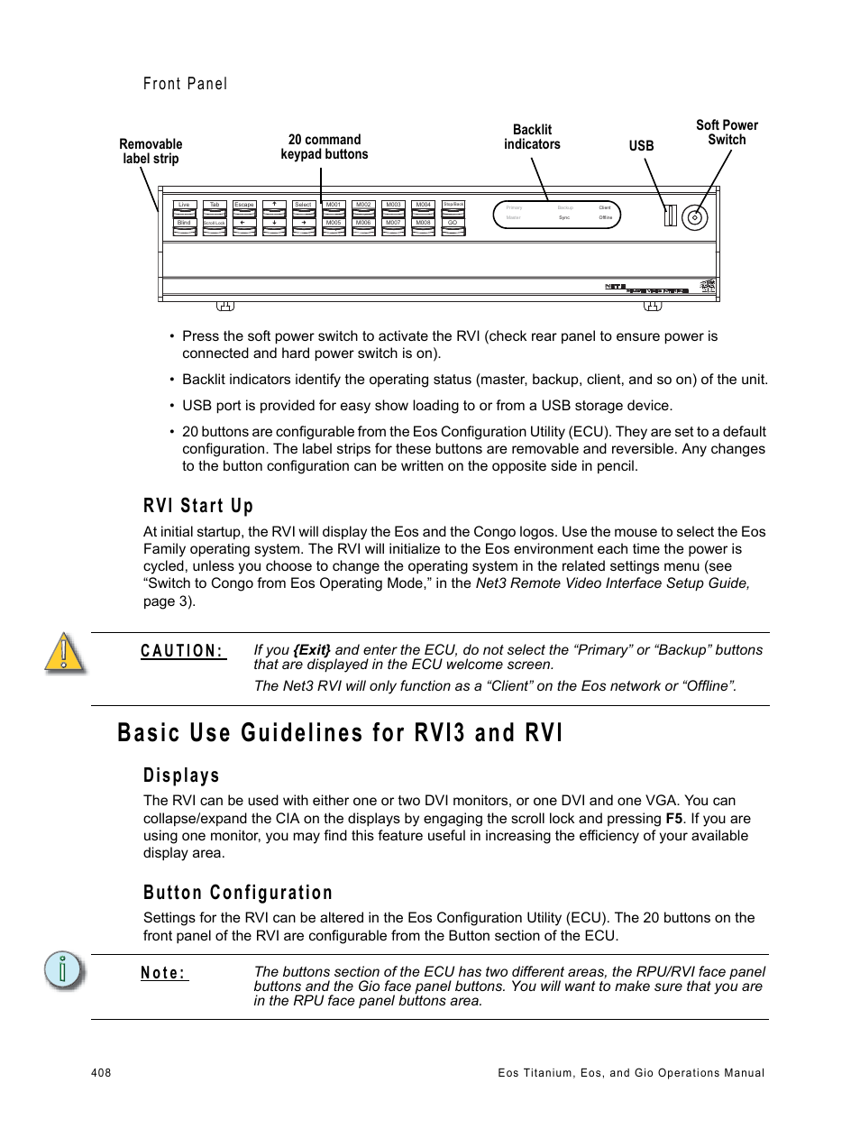 Rvi start up, Basic use guidelines for rvi3 and rvi, Displays | Button configuration, Front panel, N o t e | ETC Eos Titanium, Eos, and Gio v2.0.0 User Manual | Page 426 / 476