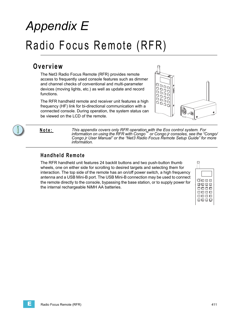 Radio focus remote (rfr), Overview, Handheld remote | A p p e n d i x e, Appendix e radio focus remote (rfr), N o t e, Radio focus remote (rfr) 411 | ETC Eos Titanium, Eos, and Gio v2.0.0 User Manual | Page 429 / 476