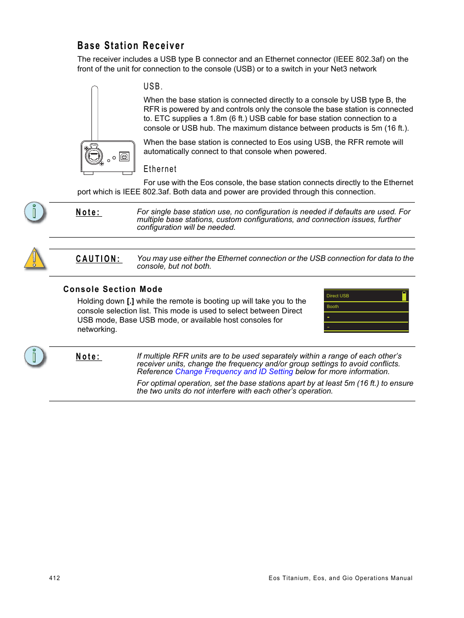 Base station receiver, Console section mode, Ethernet | N o t e | ETC Eos Titanium, Eos, and Gio v2.0.0 User Manual | Page 430 / 476