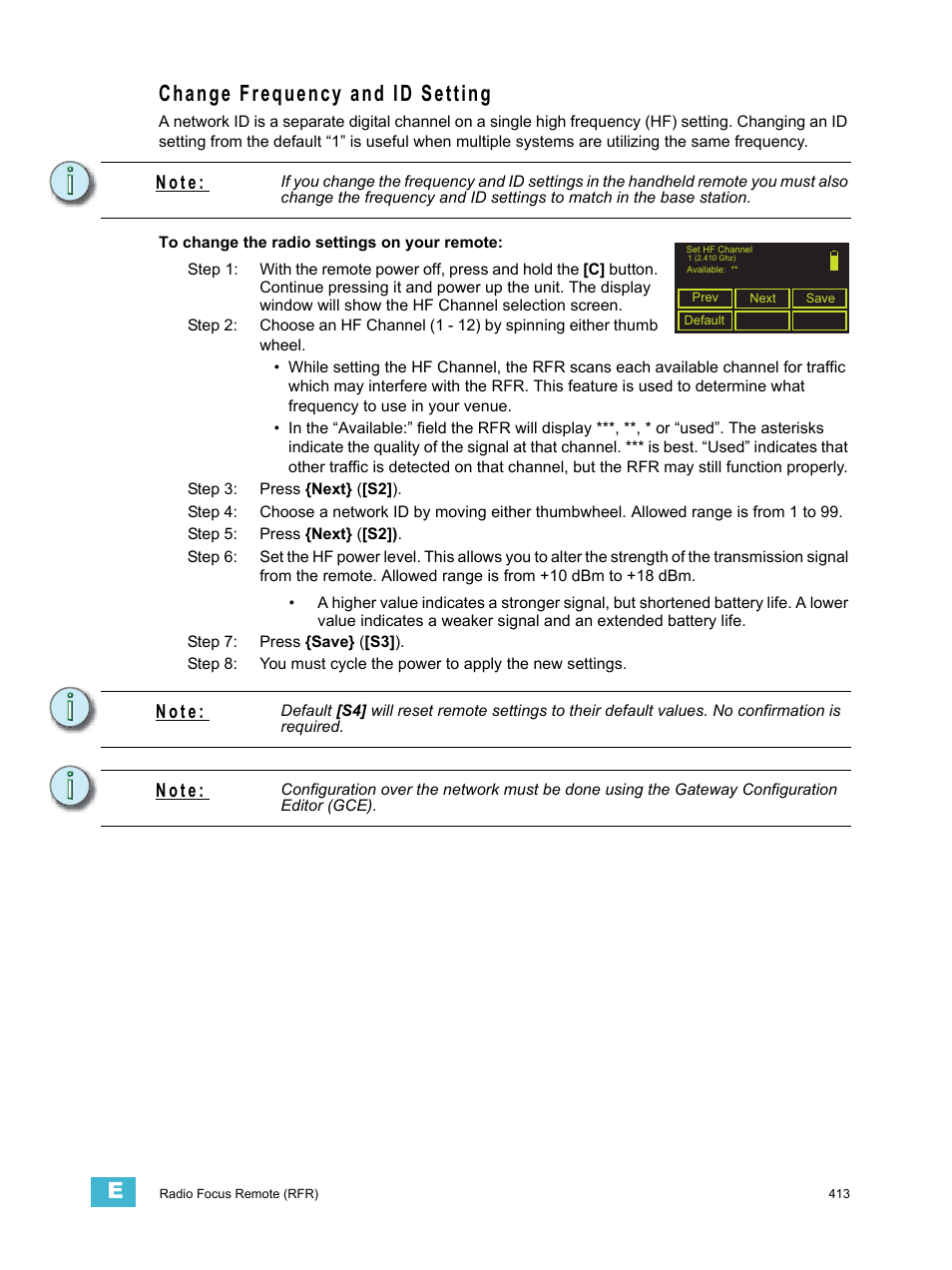 Change frequency and id setting, At the remote, see, N o t e | ETC Eos Titanium, Eos, and Gio v2.0.0 User Manual | Page 431 / 476