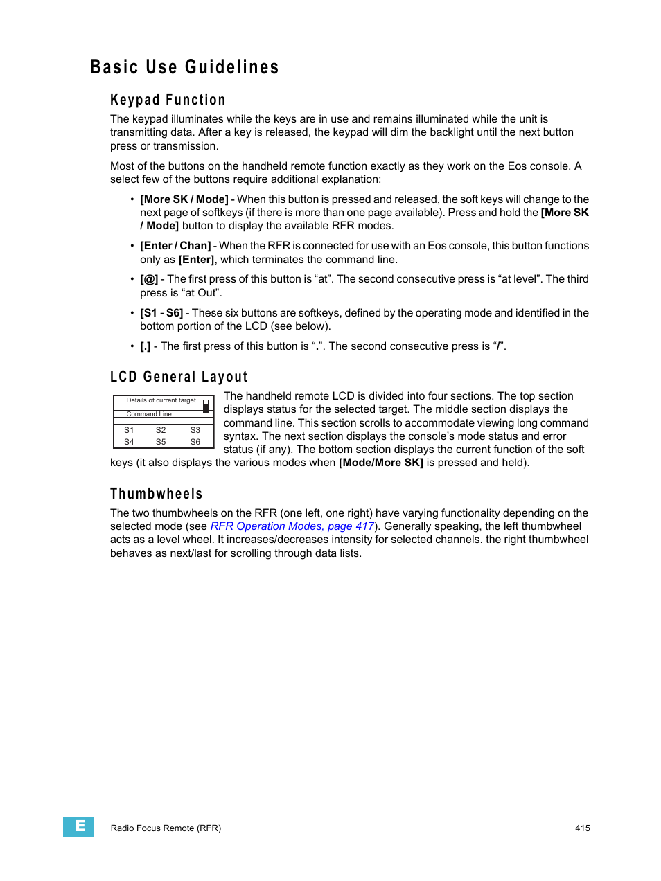 Basic use guidelines, Keypad function, Lcd general layout | Thumbwheels | ETC Eos Titanium, Eos, and Gio v2.0.0 User Manual | Page 433 / 476