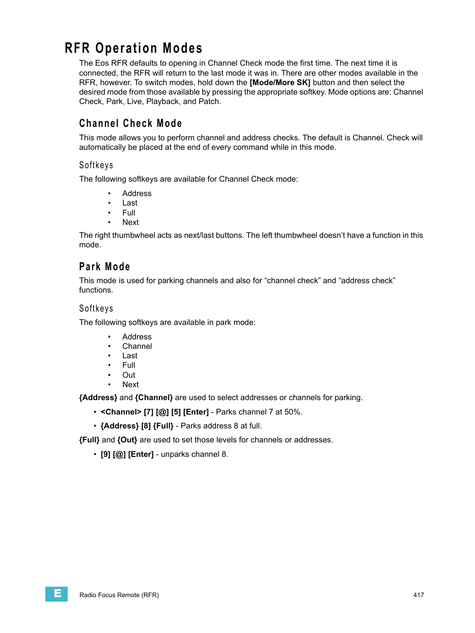 Rfr operation modes, Channel check mode, Park mode | ETC Eos Titanium, Eos, and Gio v2.0.0 User Manual | Page 435 / 476