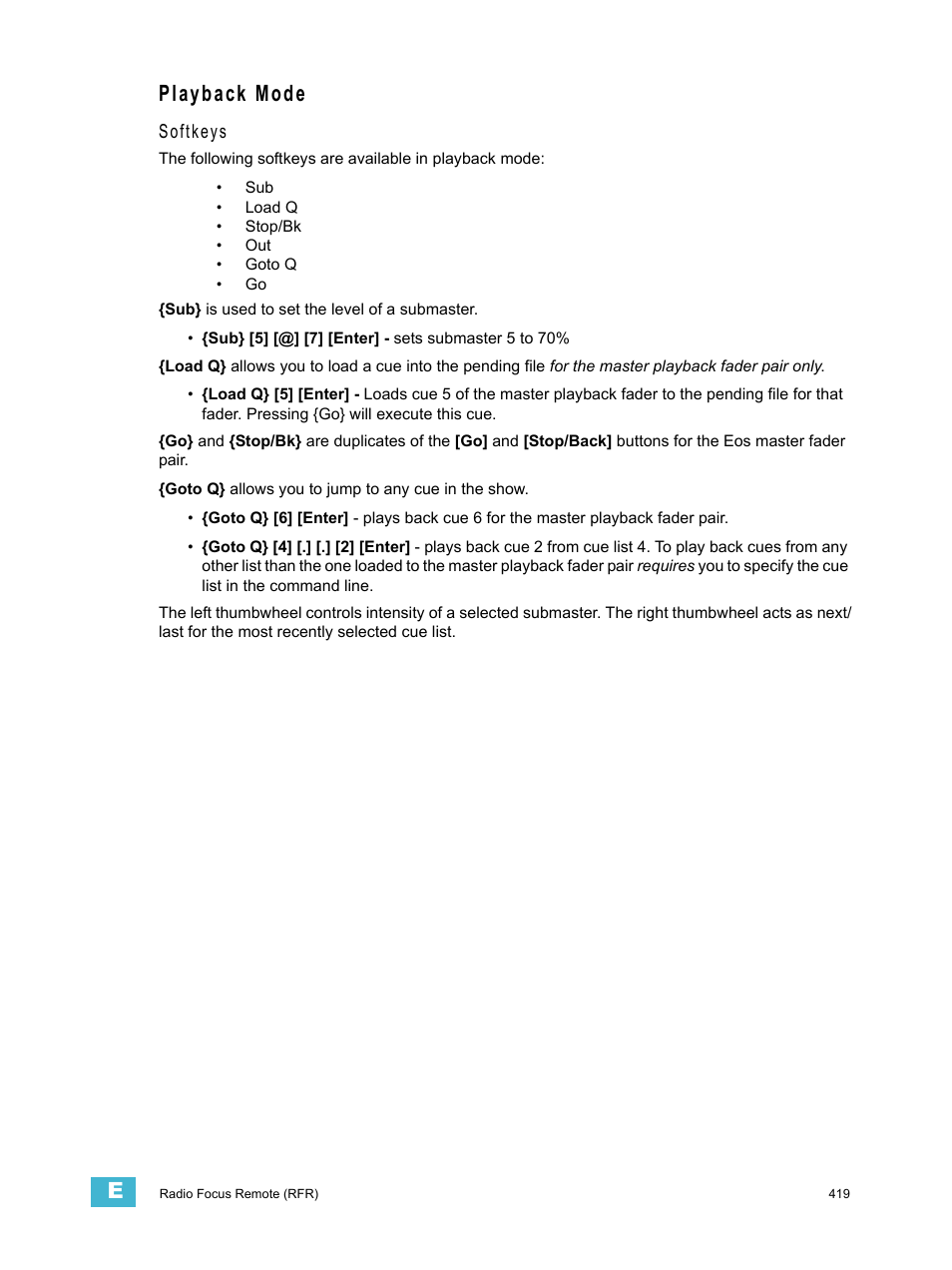 Playback mode, Softkeys | ETC Eos Titanium, Eos, and Gio v2.0.0 User Manual | Page 437 / 476